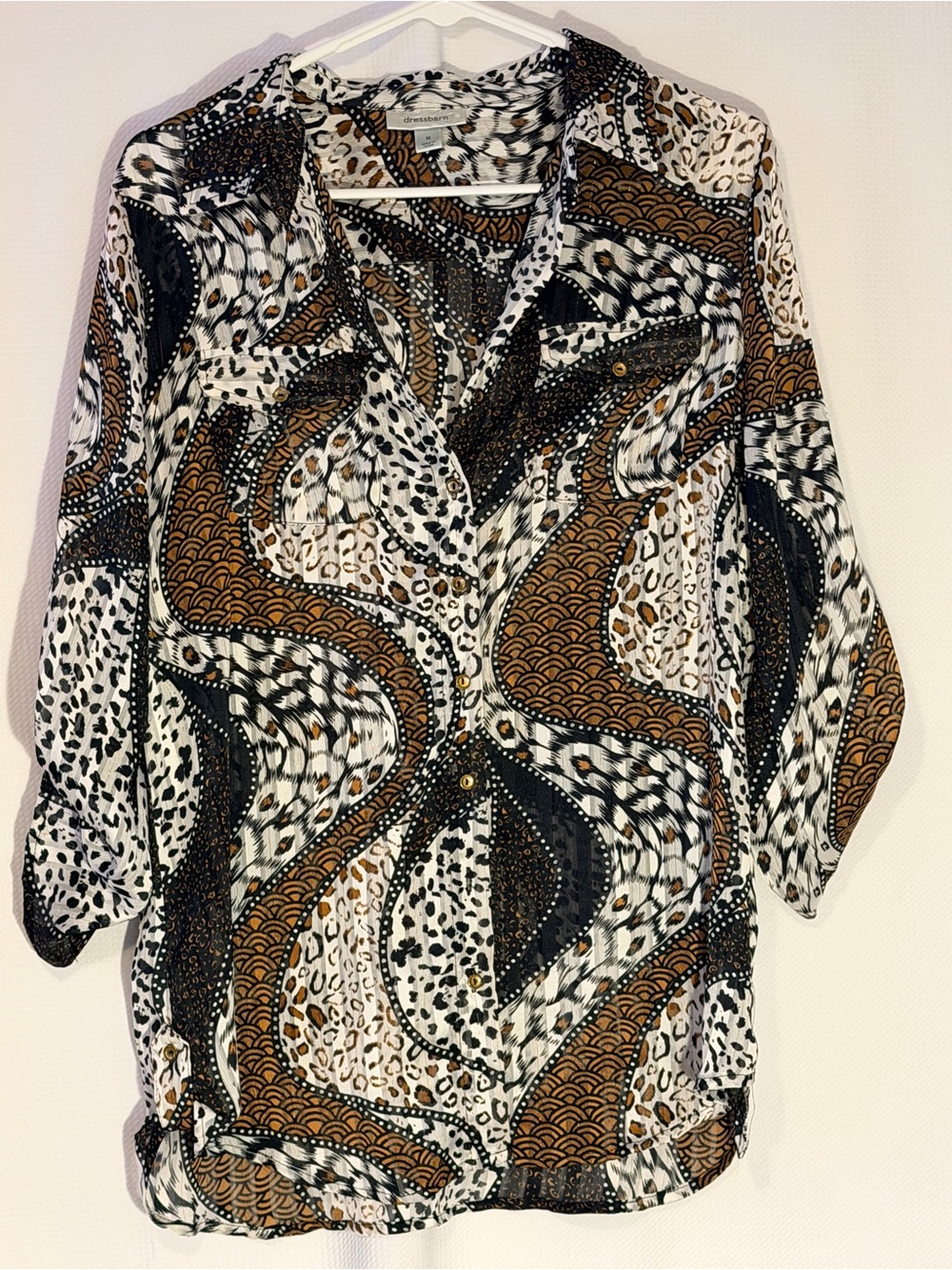 Dressbarn Mixed Print Animal Leopard Wave Button Up Blouse
